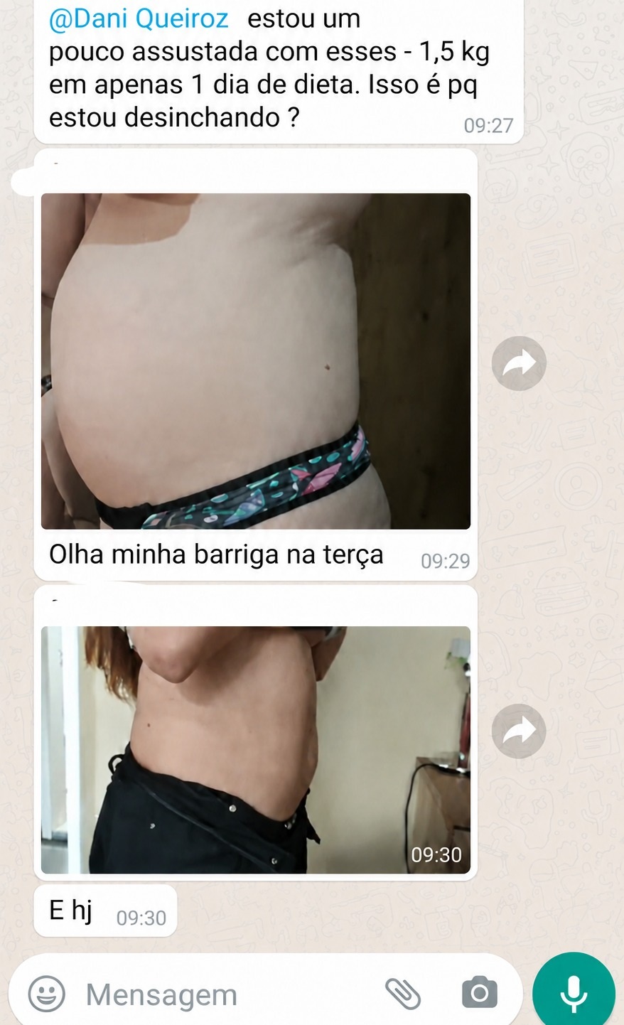 Print do depoimento e fotos da barriga antes e depois de 1 dia